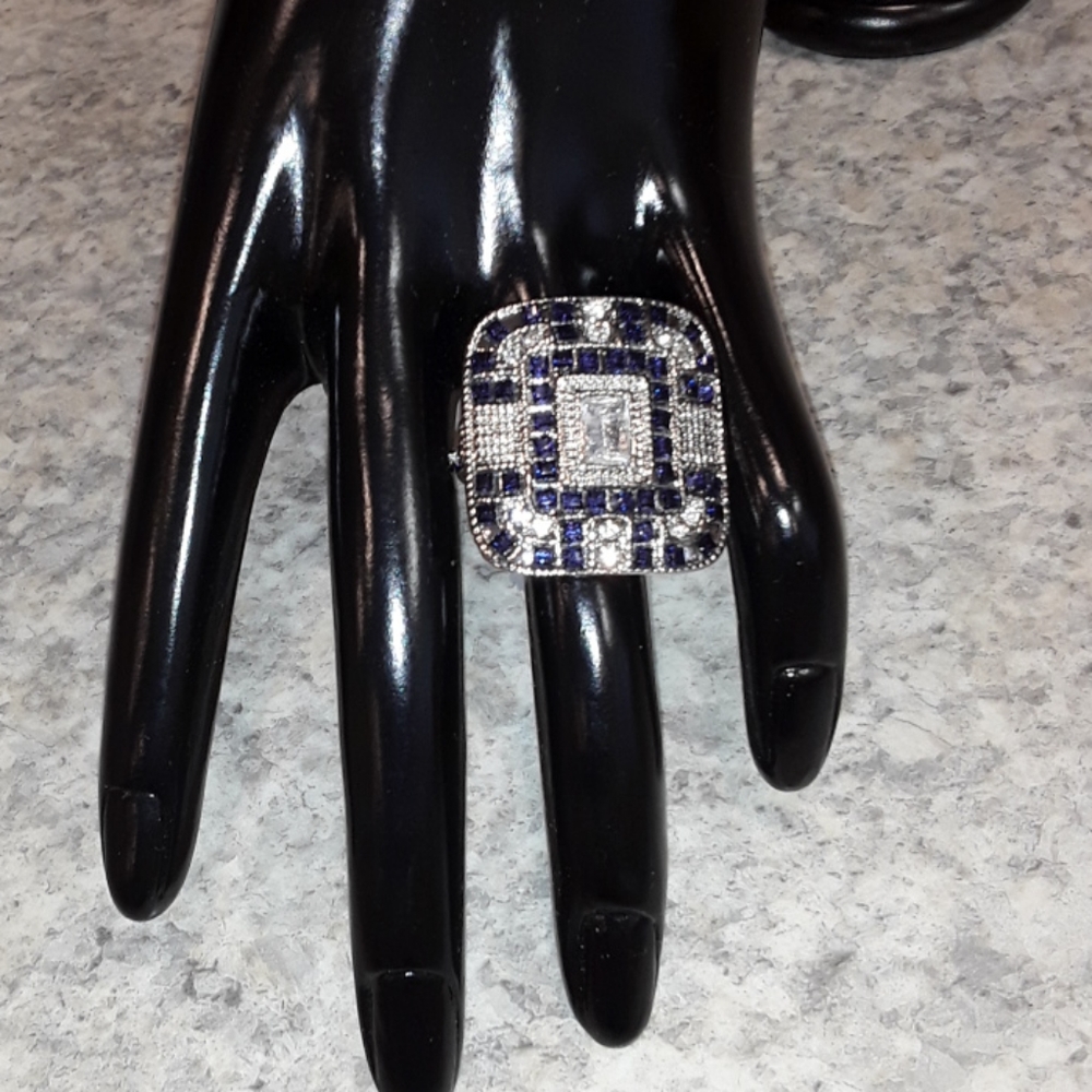 NIB Emerald Cut Crystal & Sapphire Cocktail Ring 6, 7, 8, 9, 10